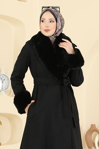 moda selvim Beli Kuşaklı Kaşe Kaban 8159AB368 Siyah - Thumbnail