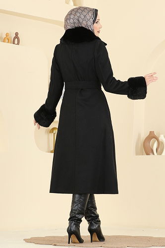 moda selvim Beli Kuşaklı Kaşe Kaban 8159AB368 Siyah - Thumbnail