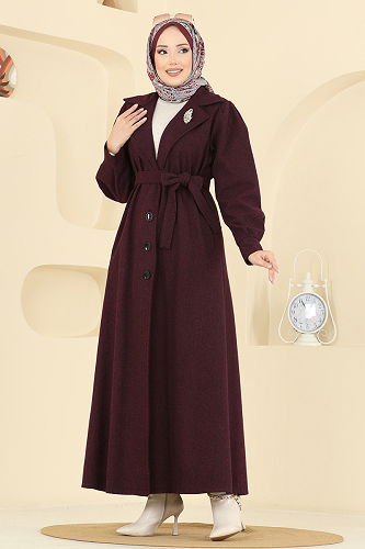 moda selvim Beli Kuşaklı Kaşe Kaban 9054S324 Bordo - Thumbnail