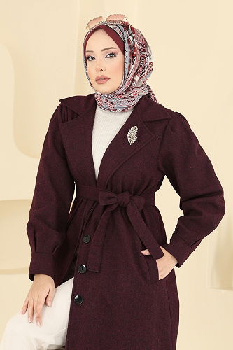 moda selvim Beli Kuşaklı Kaşe Kaban 9054S324 Bordo - Thumbnail