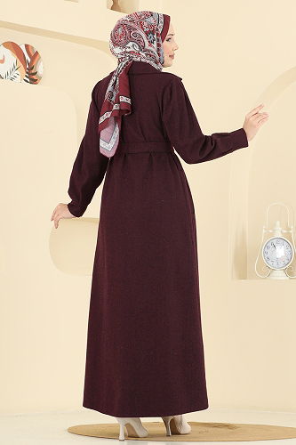 moda selvim Beli Kuşaklı Kaşe Kaban 9054S324 Bordo - Thumbnail