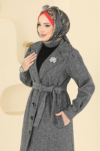 moda selvim Beli Kuşaklı Kaşe Kaban 9054S324 Gri - Thumbnail