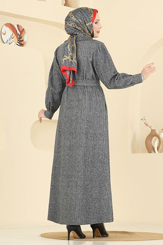 moda selvim Beli Kuşaklı Kaşe Kaban 9054S324 Gri - Thumbnail