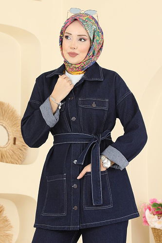 moda selvim Beli Kuşaklı Kot Takım 1339ANT466 Koyu Kot - Thumbnail