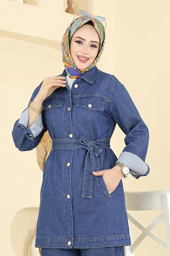 moda selvim Beli Kuşaklı Kot Takım 202505TEG847 Koyu Kot - Thumbnail