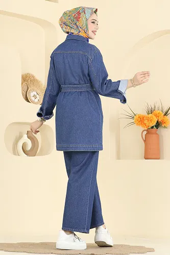 moda selvim Beli Kuşaklı Kot Takım 202505TEG847 Koyu Kot - Thumbnail