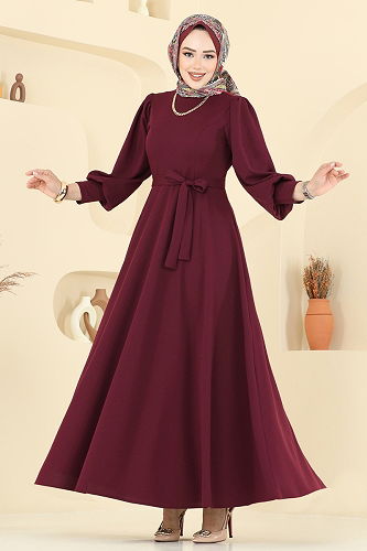 moda selvim Beli Kuşaklı Krep Elbise 23031UKB139 Bordo - Thumbnail