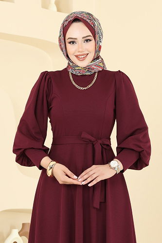 moda selvim Beli Kuşaklı Krep Elbise 23031UKB139 Bordo - Thumbnail