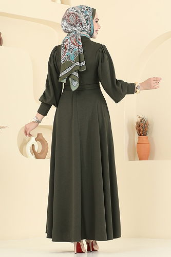 moda selvim Beli Kuşaklı Krep Elbise 23031UKB139 Haki - Thumbnail