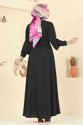 moda selvim Beli Kuşaklı Krep Elbise 23031UKB139 Siyah - Thumbnail