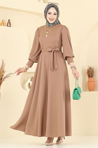 moda selvim Beli Kuşaklı Krep Elbise 23031UKB139 Vizyon - Thumbnail