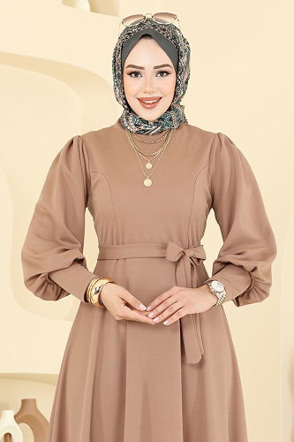 moda selvim Beli Kuşaklı Krep Elbise 23031UKB139 Vizyon - Thumbnail