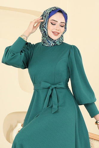 moda selvim Beli Kuşaklı Krep Elbise 23031UKB139 Zümrüt - Thumbnail