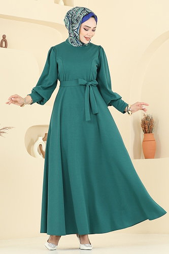 moda selvim Beli Kuşaklı Krep Elbise 23031UKB139 Zümrüt - Thumbnail