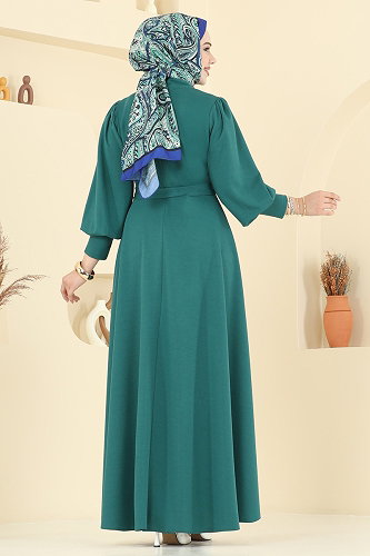 moda selvim Beli Kuşaklı Krep Elbise 23031UKB139 Zümrüt - Thumbnail