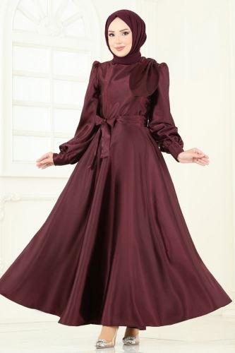A.S.M.K. - Beli Kuşaklı Saten Abiye 2745ASMK1074 Bordo