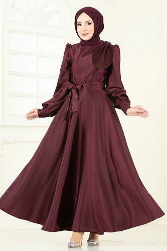 moda selvim Beli Kuşaklı Saten Abiye 2745ASMK1074 Bordo - Thumbnail