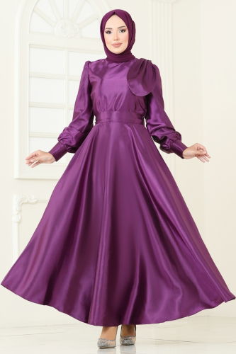 moda selvim Beli Kuşaklı Saten Abiye 2745ASMK1074 Koyu Lila - Thumbnail