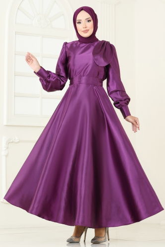 moda selvim Beli Kuşaklı Saten Abiye 2745ASMK1074 Koyu Lila - Thumbnail