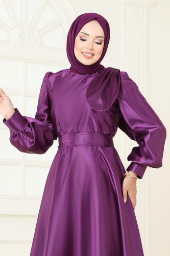 moda selvim Beli Kuşaklı Saten Abiye 2745ASMK1074 Koyu Lila - Thumbnail
