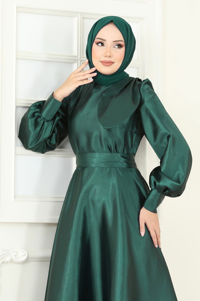 Beli Kuşaklı Saten Abiye 2745ASMK1074 Zümrüt