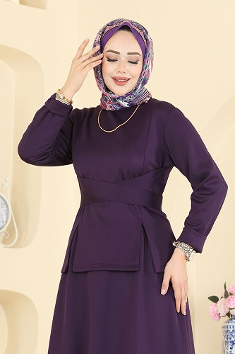 moda selvim Beli Kuşaklı Scuba Takım 763SHE1174 Mor - Thumbnail