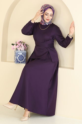 moda selvim Beli Kuşaklı Scuba Takım 763SHE1174 Mor - Thumbnail