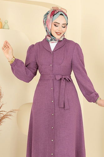 moda selvim Beli Kuşaklı Sofia Elbise 9162PLK541 Koyu Gül Kurusu - Thumbnail