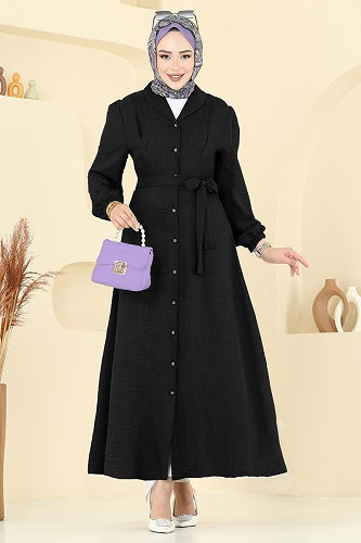 moda selvim Beli Kuşaklı Sofia Elbise 9162PLK541 Siyah - Thumbnail