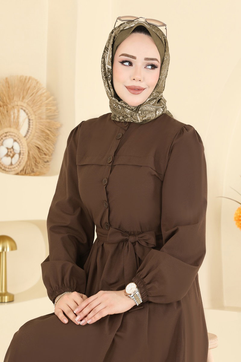 Beli Kuşaklı Terikoton Elbise 3076KTR750 Açık Kahve