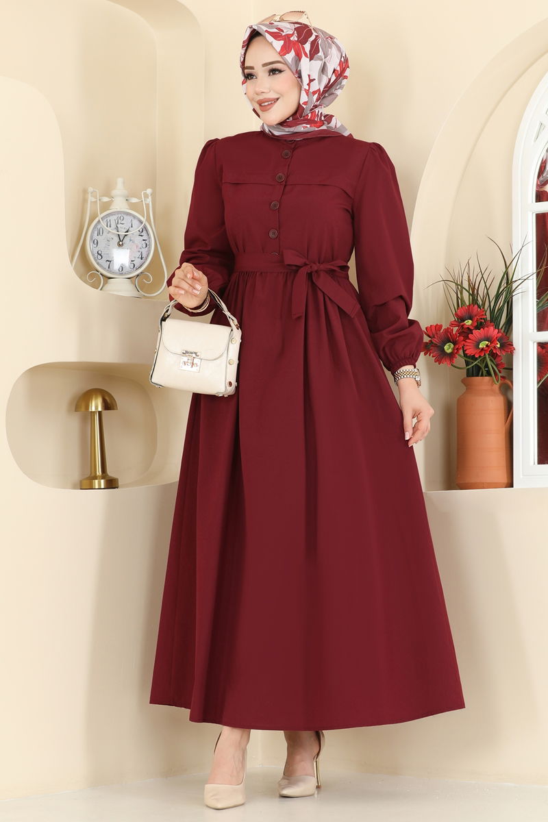 Beli Kuşaklı Terikoton Elbise 3076KTR750 Bordo