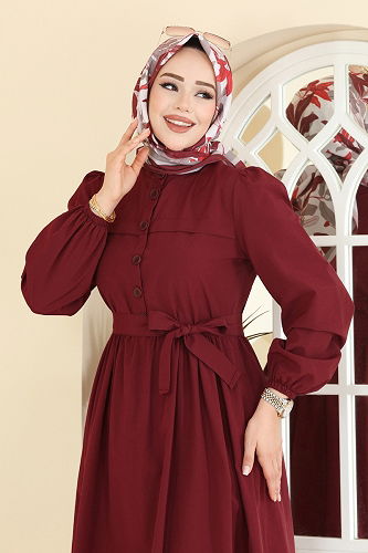 moda selvim Beli Kuşaklı Terikoton Elbise 3076KTR750 Bordo - Thumbnail