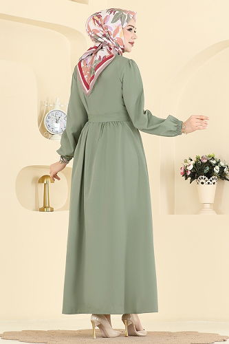 moda selvim Beli Kuşaklı Terikoton Elbise 3076KTR750 Çağla - Thumbnail