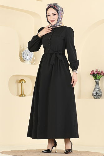 moda selvim Beli Kuşaklı Terikoton Elbise 3076KTR750 Siyah - Thumbnail