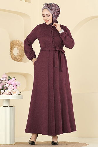 moda selvim Beli Kuşaklı Tivit Ferace 2769SL432 Bordo - Thumbnail