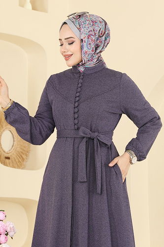 moda selvim Beli Kuşaklı Tivit Ferace 2769SL432 Mor - Thumbnail