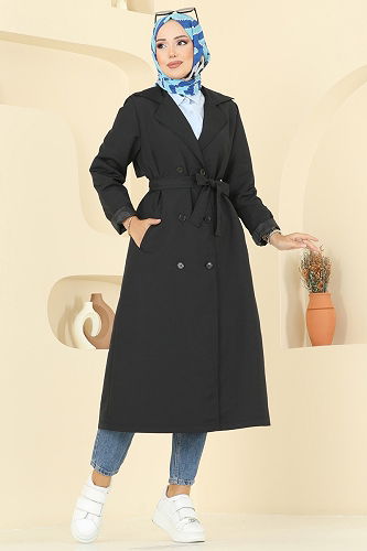 moda selvim Beli Kuşaklı Trençkot 2516MSA980 Siyah - Thumbnail