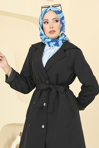 moda selvim Beli Kuşaklı Trençkot 2516MSA980 Siyah - Thumbnail