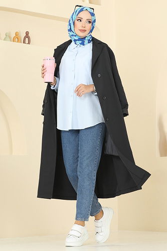 moda selvim Beli Kuşaklı Trençkot 2516MSA980 Siyah - Thumbnail