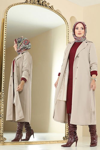 moda selvim Beli Kuşaklı Trençkot 2516MSA980 Taş - Thumbnail