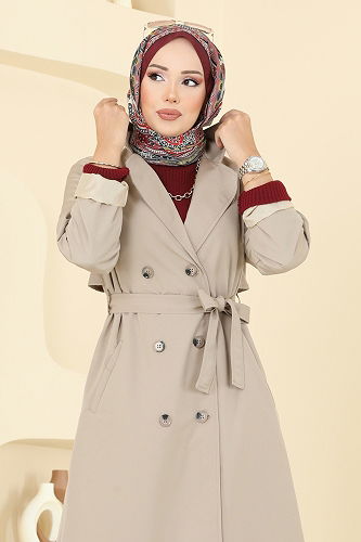 moda selvim Beli Kuşaklı Trençkot 2516MSA980 Taş - Thumbnail