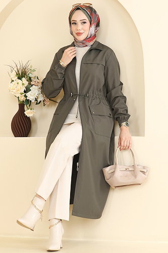 moda selvim Beli Lastik Detaylı Trençkot 2639MSA980 Haki - Thumbnail