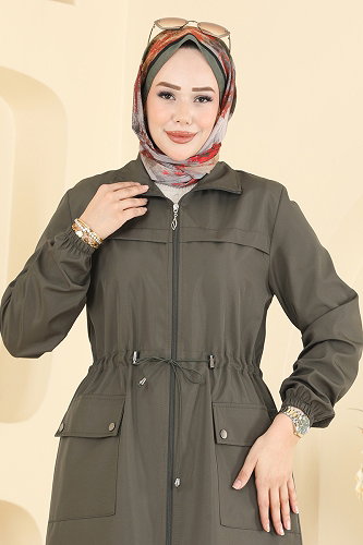 moda selvim Beli Lastik Detaylı Trençkot 2639MSA980 Haki - Thumbnail