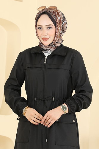 moda selvim Beli Lastik Detaylı Trençkot 2639MSA980 Siyah - Thumbnail