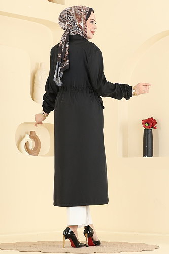moda selvim Beli Lastik Detaylı Trençkot 2639MSA980 Siyah - Thumbnail