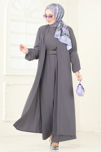 moda selvim Beli Lastikli Abaya Tulum 2628SL432 Antrasit - Thumbnail