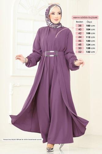 moda selvim Beli Lastikli Abaya Tulum 2628SL432 Koyu Lila - Thumbnail