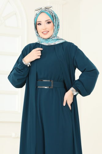 moda selvim Beli Lastikli Abaya Tulum 2628SL432 Petrol - Thumbnail