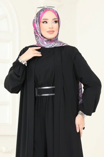 moda selvim Beli Lastikli Abaya Tulum 2628SL432 Siyah - Thumbnail