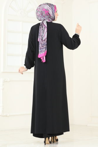 moda selvim Beli Lastikli Abaya Tulum 2628SL432 Siyah - Thumbnail